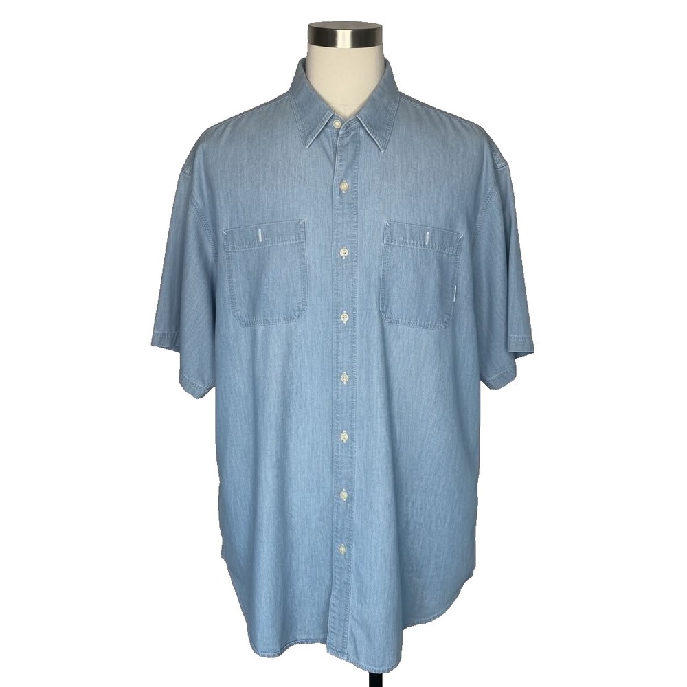 Vintage LL Bean Mens XXL Tall Light Blue 100%Cotton Short Sleeve Button Shirt